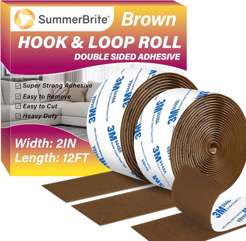 Summerbrite 12Ft x 2 Inch Hook and Loop Tape, Heavy Duty Double-Sided Adhesive Strips, Strong Sticky Back Fastener Roll, Cuttable Interlocking Tape Fasteners for Home, Office, Car, School & DIY Crafts Brown - Image 1